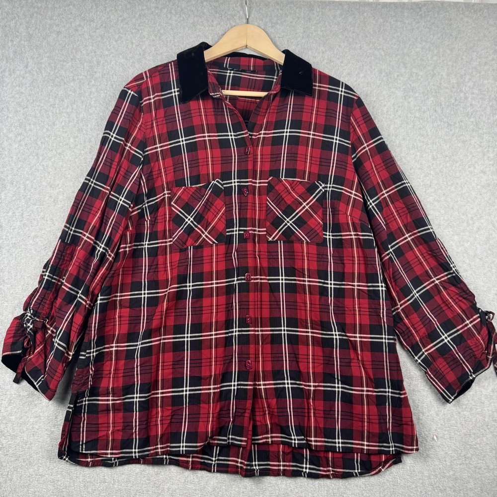 John Mark Shirt Womens 0X Red Plaid Velvet Collar Button Down Tie Sleeve Plus